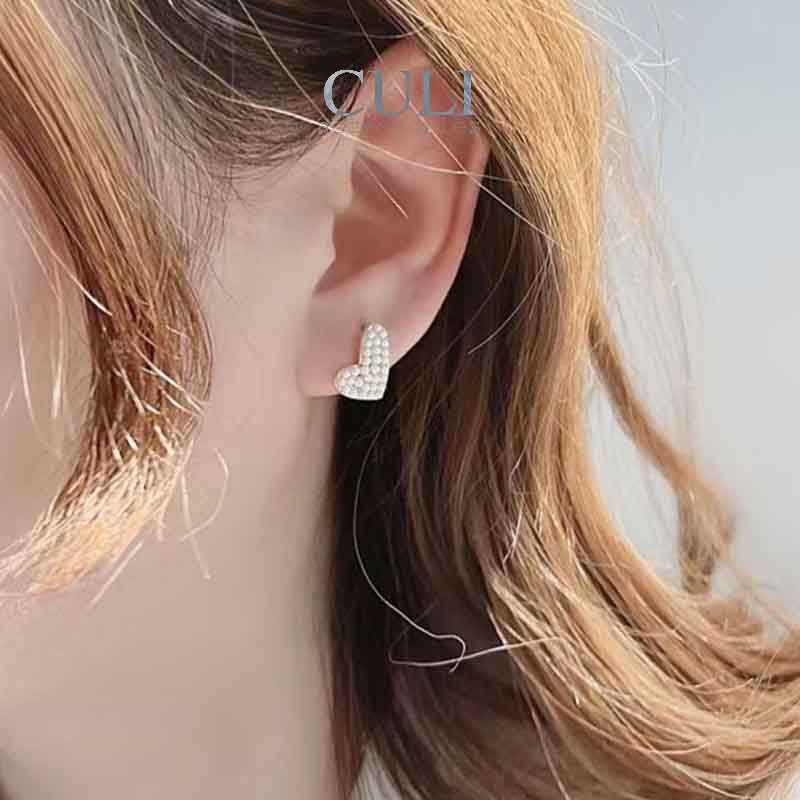 Khuyên tai bạc S925, hình trái tim kết hạt trai nhỏ xinh HT654 - Culi accessories