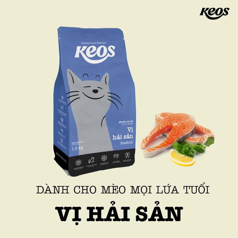 Thức ăn hạt Keos dành cho mèo mọi lứa tuổi vị hải sản gói 400g - 1.5kg