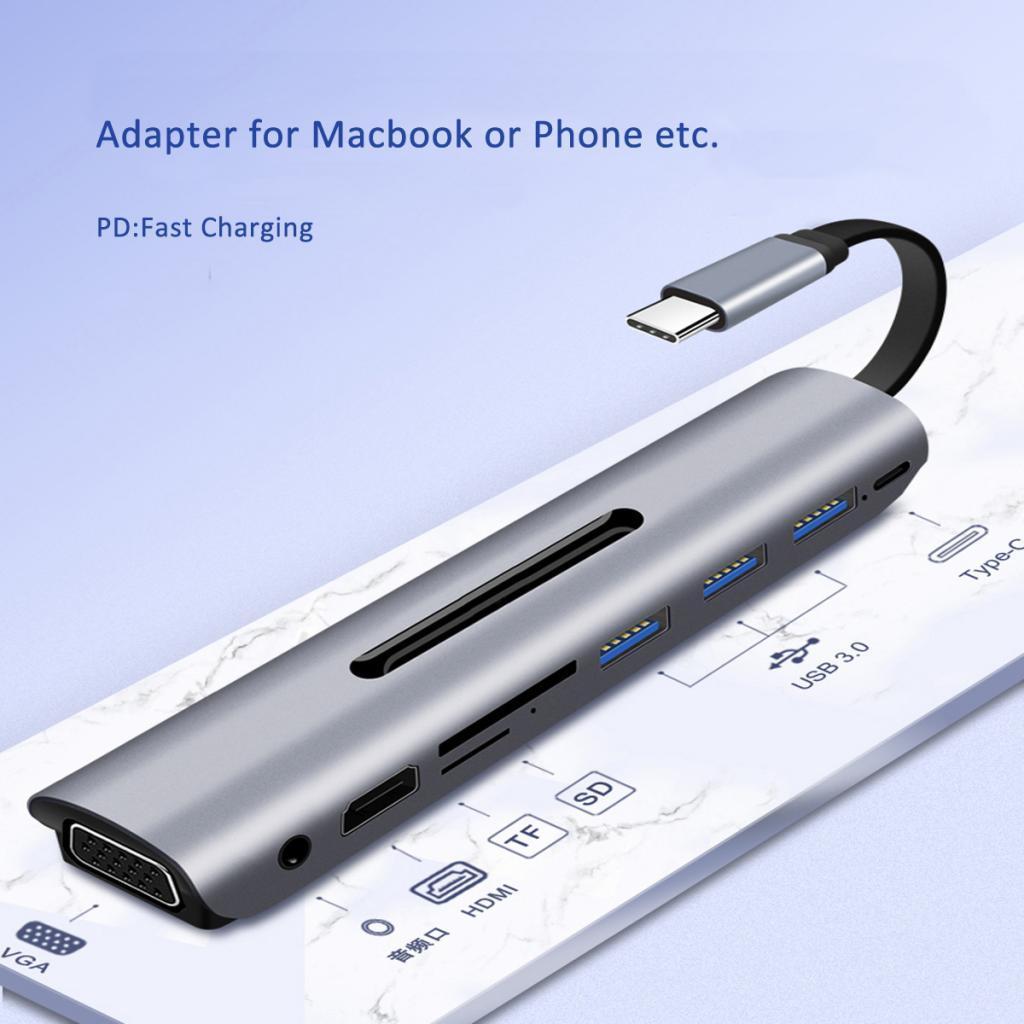 Type C Docking Station USB C to 4K VGA USB3.0 TF Audio Adapter Gray