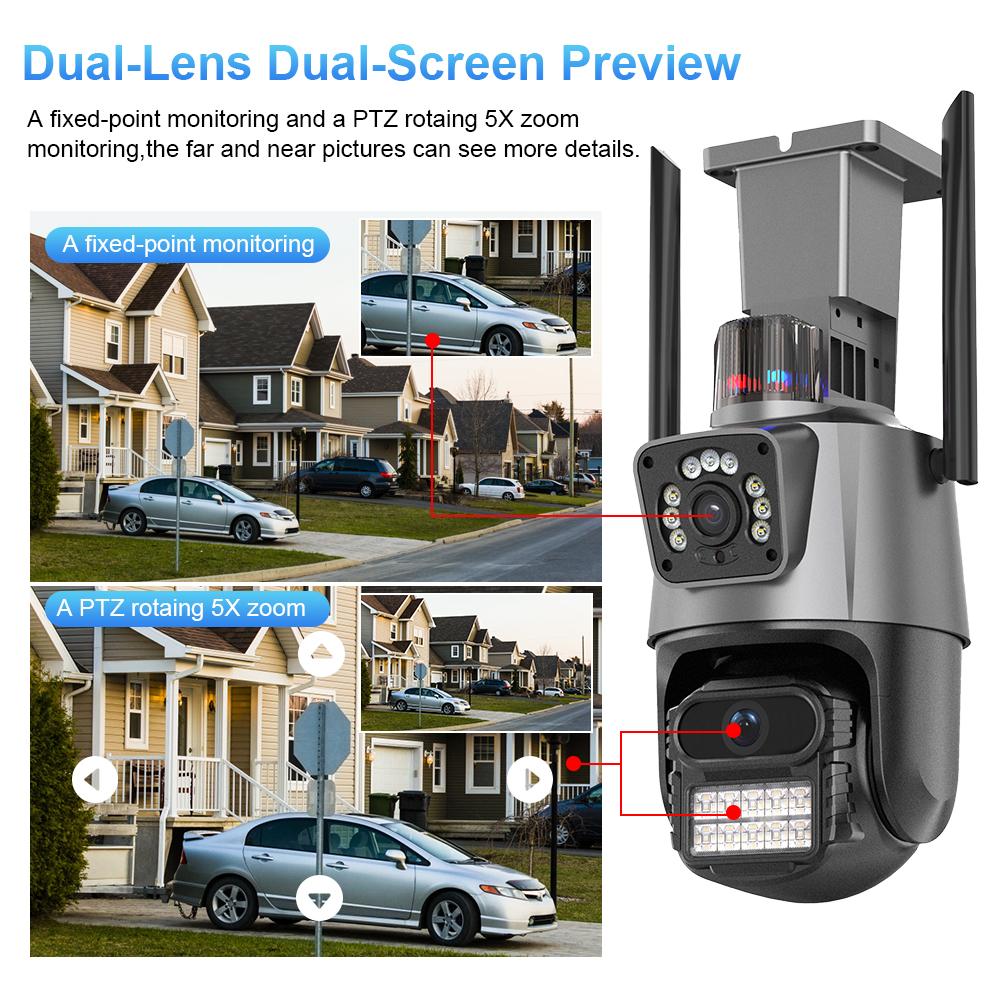 8MP 4K Camera IP Ống Kính Kép Màn Hình Kép Camera PTZ Wifi Ngoài Trời Chống Nước An Ninh Video Camera Giám Sát Báo Động