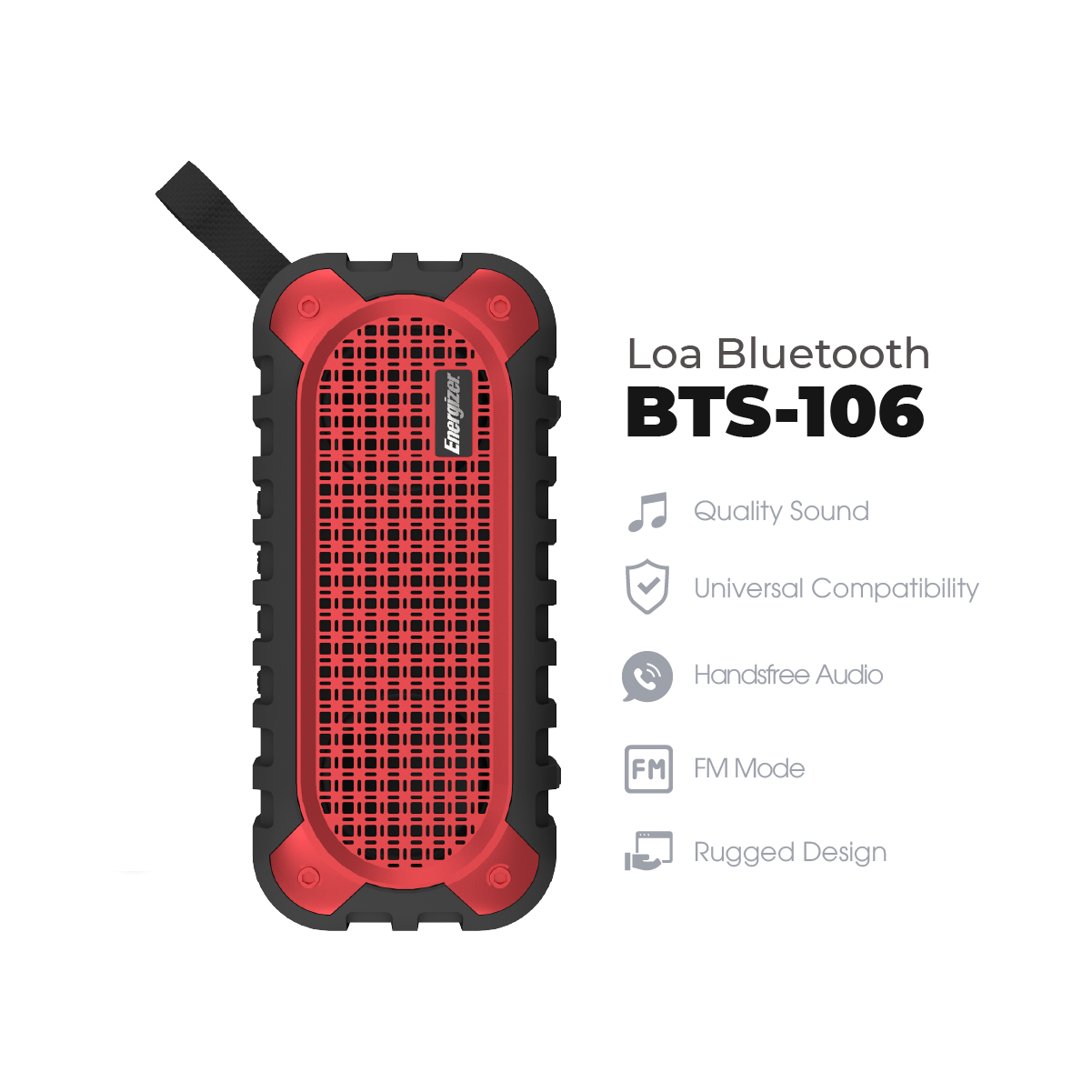 Loa Bluetooth di động Energizer BTS-106 kiêm sạc dự phòng - Kết nối bluetooth 5.0, Tích hợp micro, hỗ trợ FM radio, thẻ Micro SD, cổng sạc USB-A - HÀNG CHÍNH HÃNG