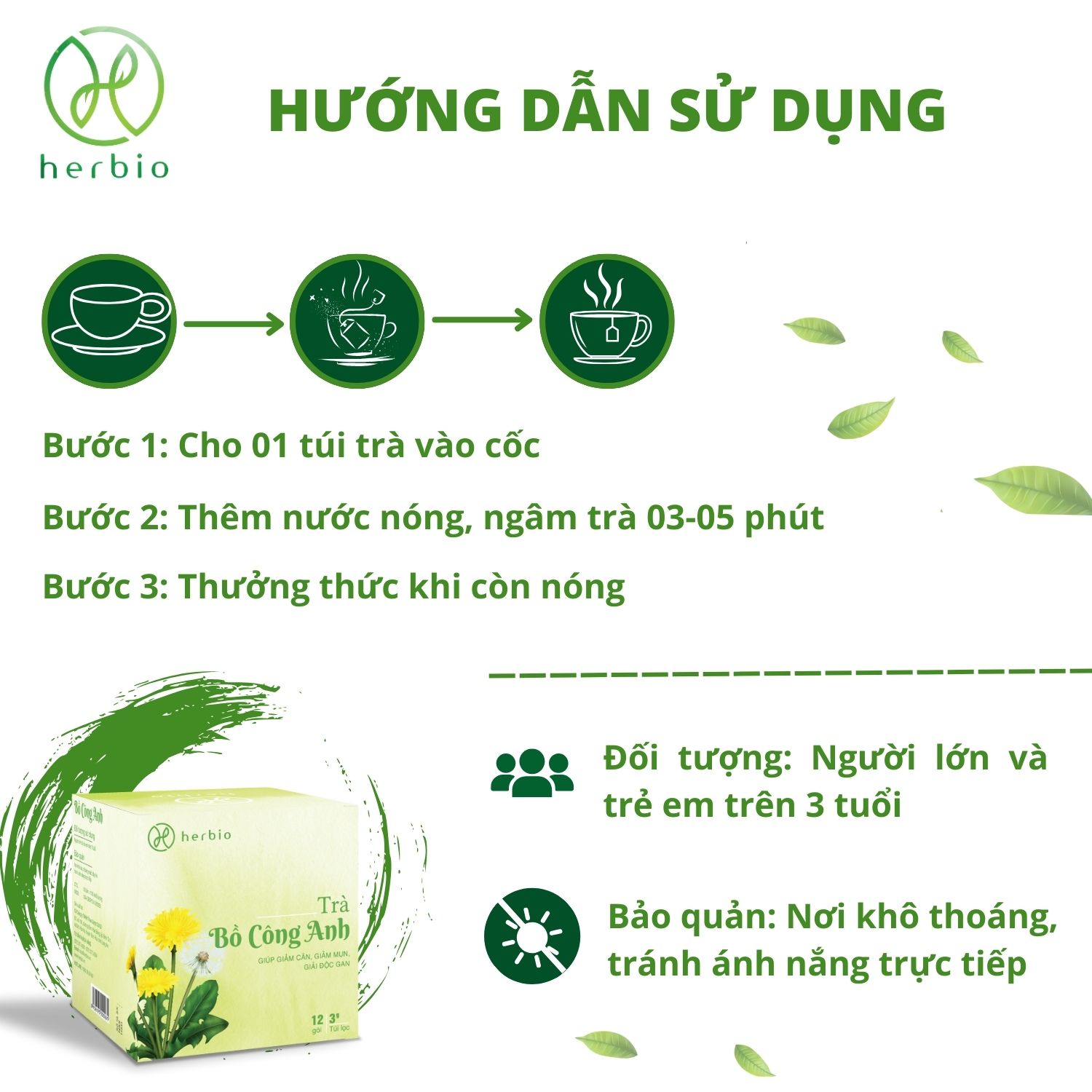 Trà Thảo Mộc Giảm Cân Bồ Công Anh Herbio - Giúp giảm mụn, giải độc gan, detox thanh lọc cơ thể, giảm cân tự nhiên (12 túi lọc x 3gram)