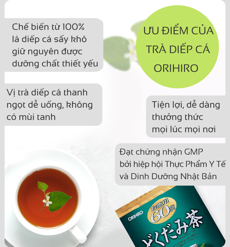 Trà diếp cá thanh nhiệt thải độc Orihiro Nhật Bản giảm táo bón, mụn nhọt, làm đẹp da gói 60 túi lọc JN-OR-DC01