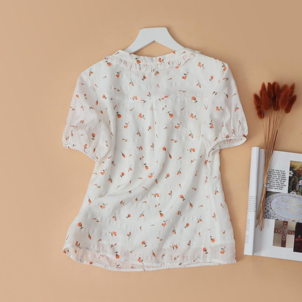 Áo tơ cotton cổ V KACHISA phối bèo họa tiết hoa