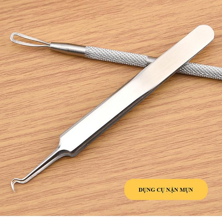 Bộ 3 Cây Que Nặn Mụn Bằng Thép Cao Cấp Không Gỉ Gồm 5 Đầu Chuyên Dụng Có Nhíp Gắp Cực Kì An Toàn