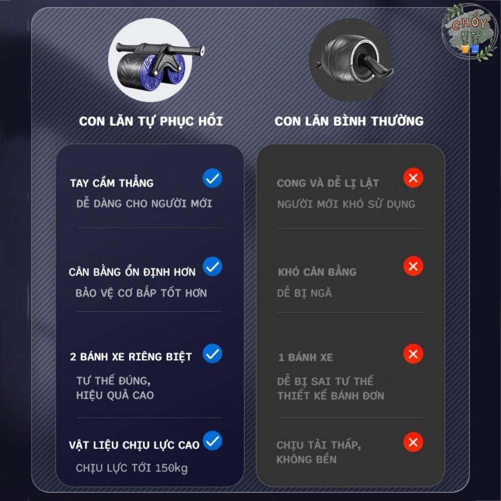 Con lăn tập bụng tại nhà 2 bánh trợt lực lò xo, thiết kế mới tự động kéo về, chắc chắn chịu lực đến 300kg, tặng kèm thảm