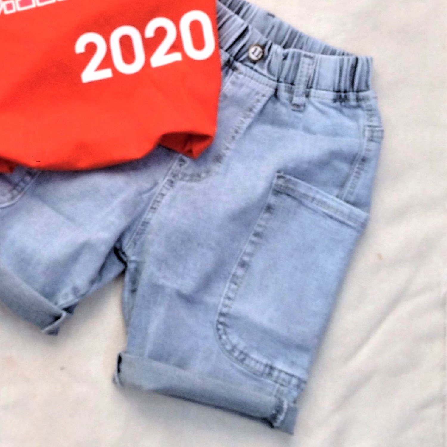 K0003316 Đồ bộ bé trai quần jean áo thun ngắn tay màu cam từ 20kg trở lên