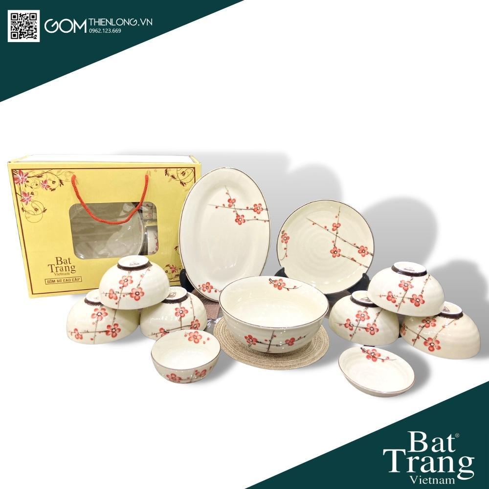 Bát Đĩa Quà Tặng Cao Cấp Vẽ Đào Đỏ - Bộ Bát Đĩa Bát Tràng - Gốm Thiên Long