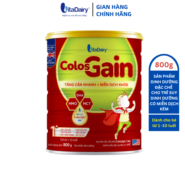 Sữa bột Colos Gain 800g giúp bé tăng cân hiệu quả, giảm táo bón, miễn dịch khỏe - VitaDairy