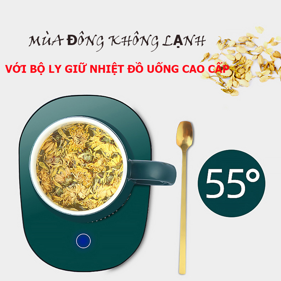 Bộ cốc giữ nhiệt đồ uống cao cấp, kèm thìa vàng và đế giữ nhiệt đồ uống để mùa đông không lạnh + tặng kèm cốc inox cá nhân gấp gọn