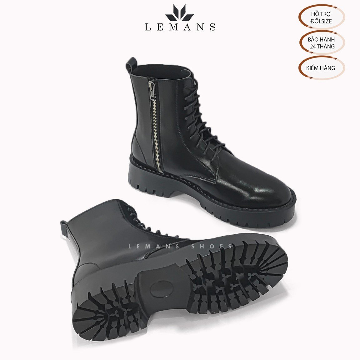 Giày da bò Chunky COMBAT Boots LEMANS nam - Đế Chunky cao 4.5cm - Khóa YKK - Bảo hành 24 tháng