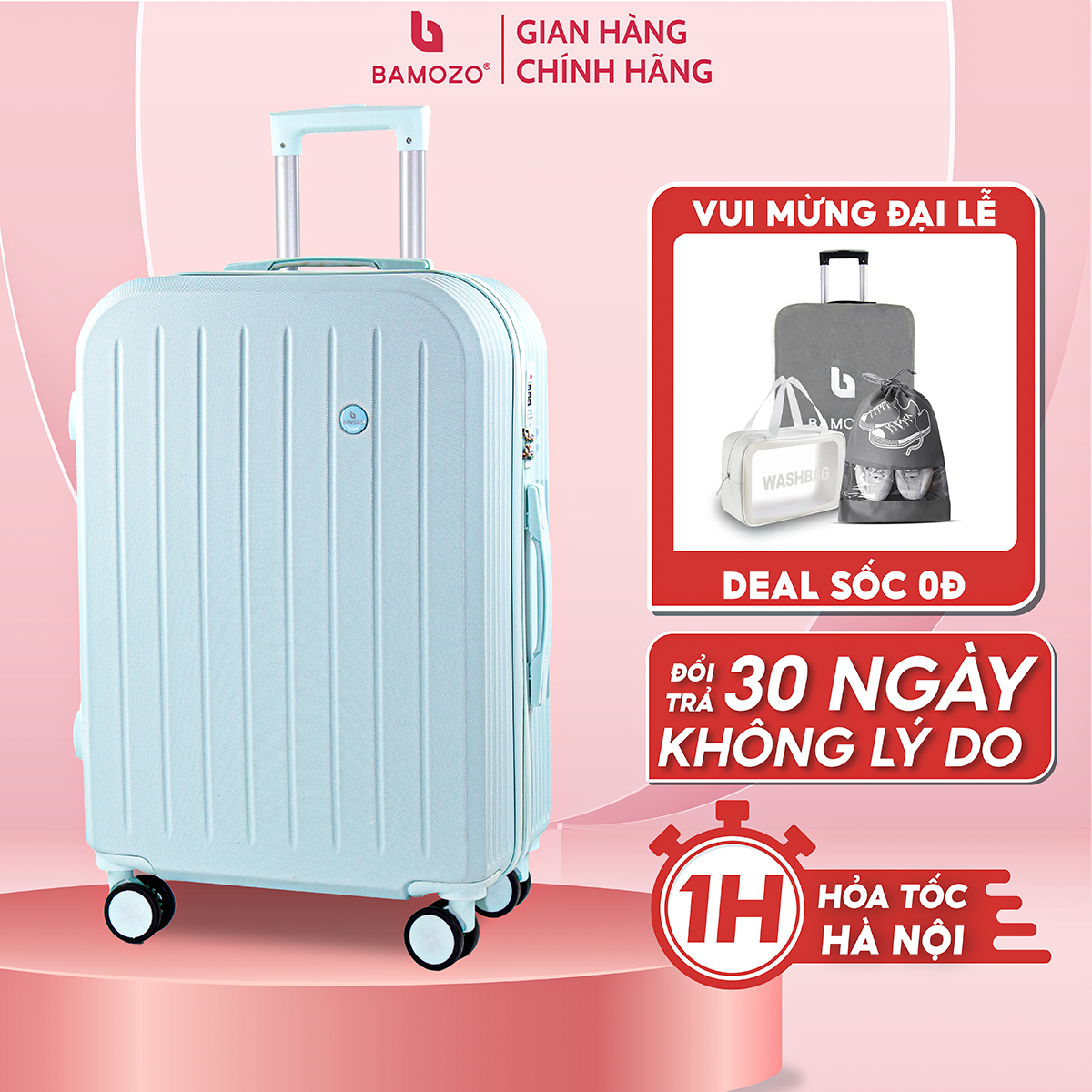 Vali Du Lịch Bamozo 8812 Thời Trang Màu Xanh Nhạt Size 20/24 Chất Liệu Nhựa ABS Bền Đẹp Bảo Hành 5 Năm