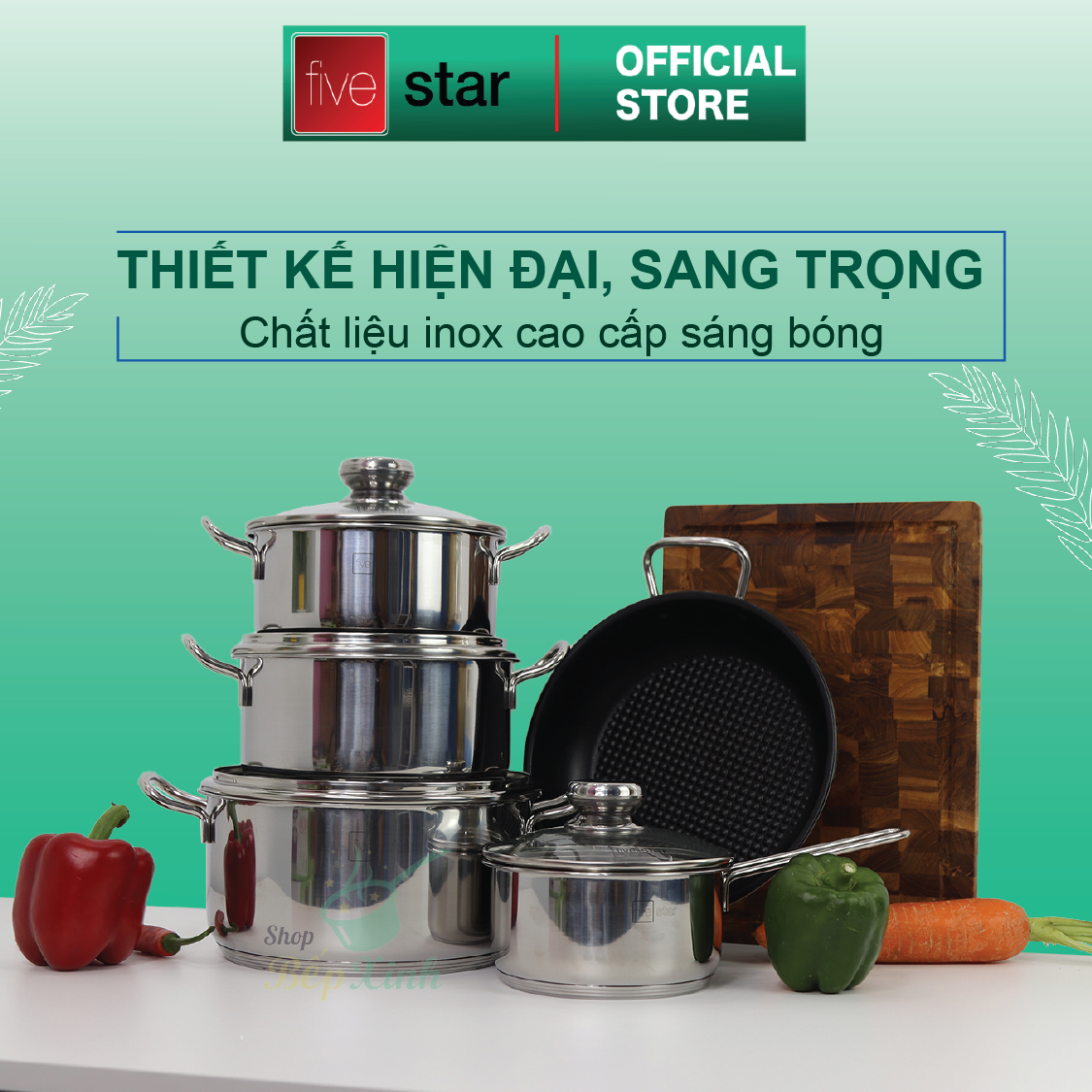 Bộ Nồi 5 Đáy Cao Cấp Bếp Từ Fivestar FSB55D001 Nắp Kính Inox 430 , tặng 1 vá canh