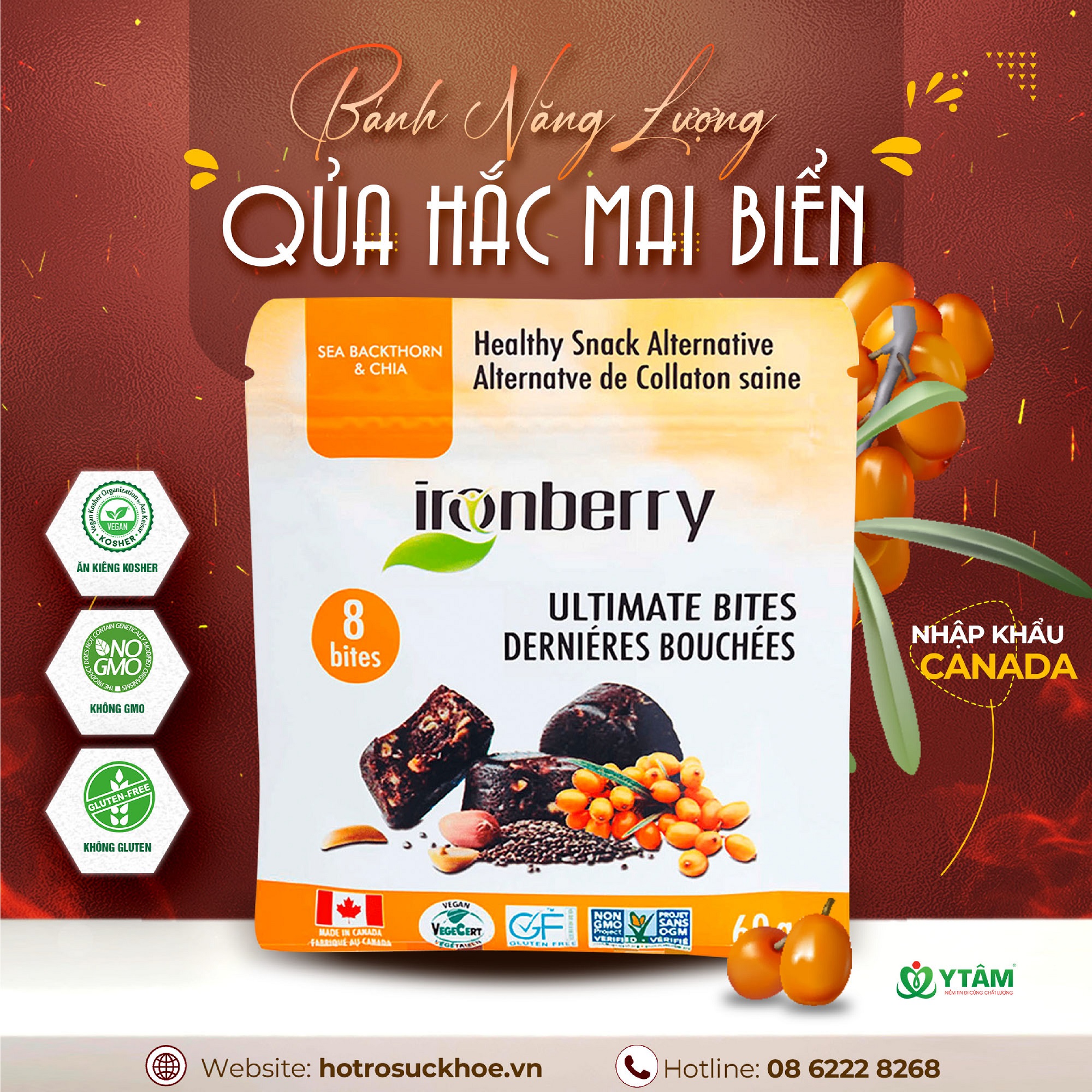 Bánh năng lượng quả hắc mai biển & hạt chia IRONBERRY thực phẩm thuần chay ăn kiêng KOSHER, không GMO, không GLUTEN