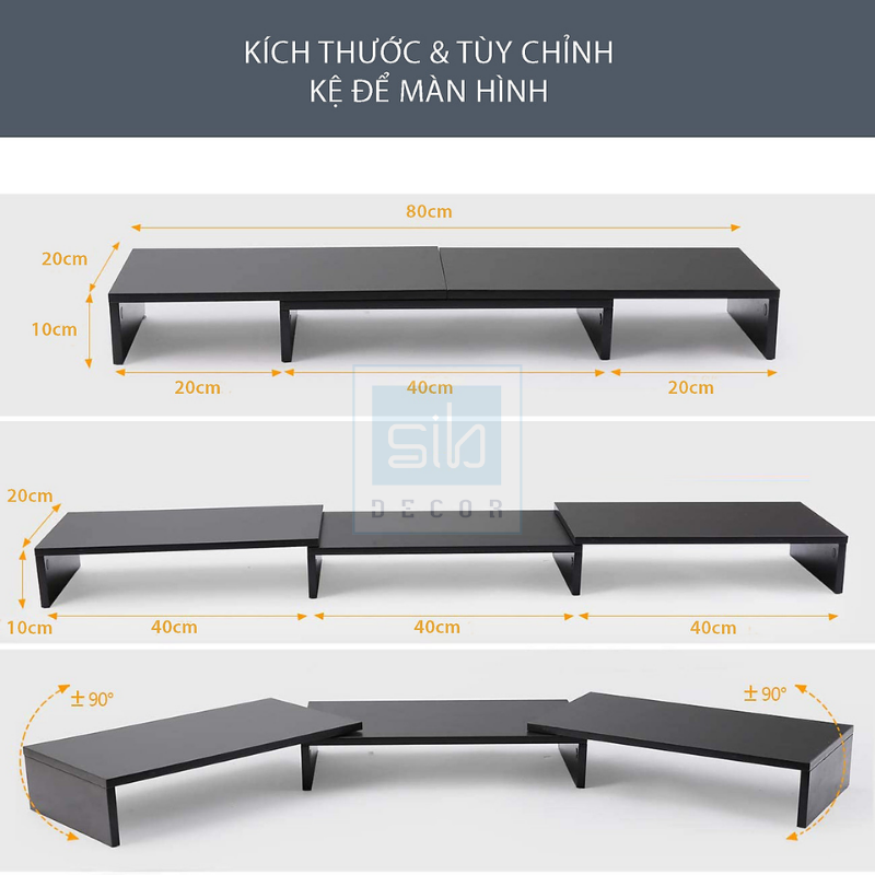 Bộ 3 Kệ Để Màn Hình SIB DECOR Đa Chức Năng Dễ Dàng Điều Chỉnh Chiều Dài Từ 80 Đến 120cm (Không gồm các đồ trang trí)