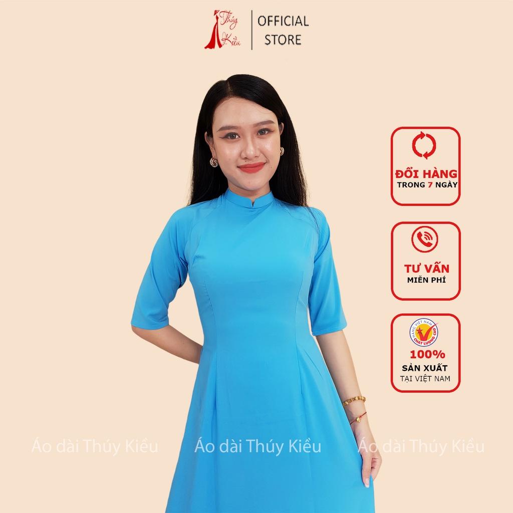 Áo dài trơn lụa Nhật cổ 2 phân màu xanh nước biển AK33