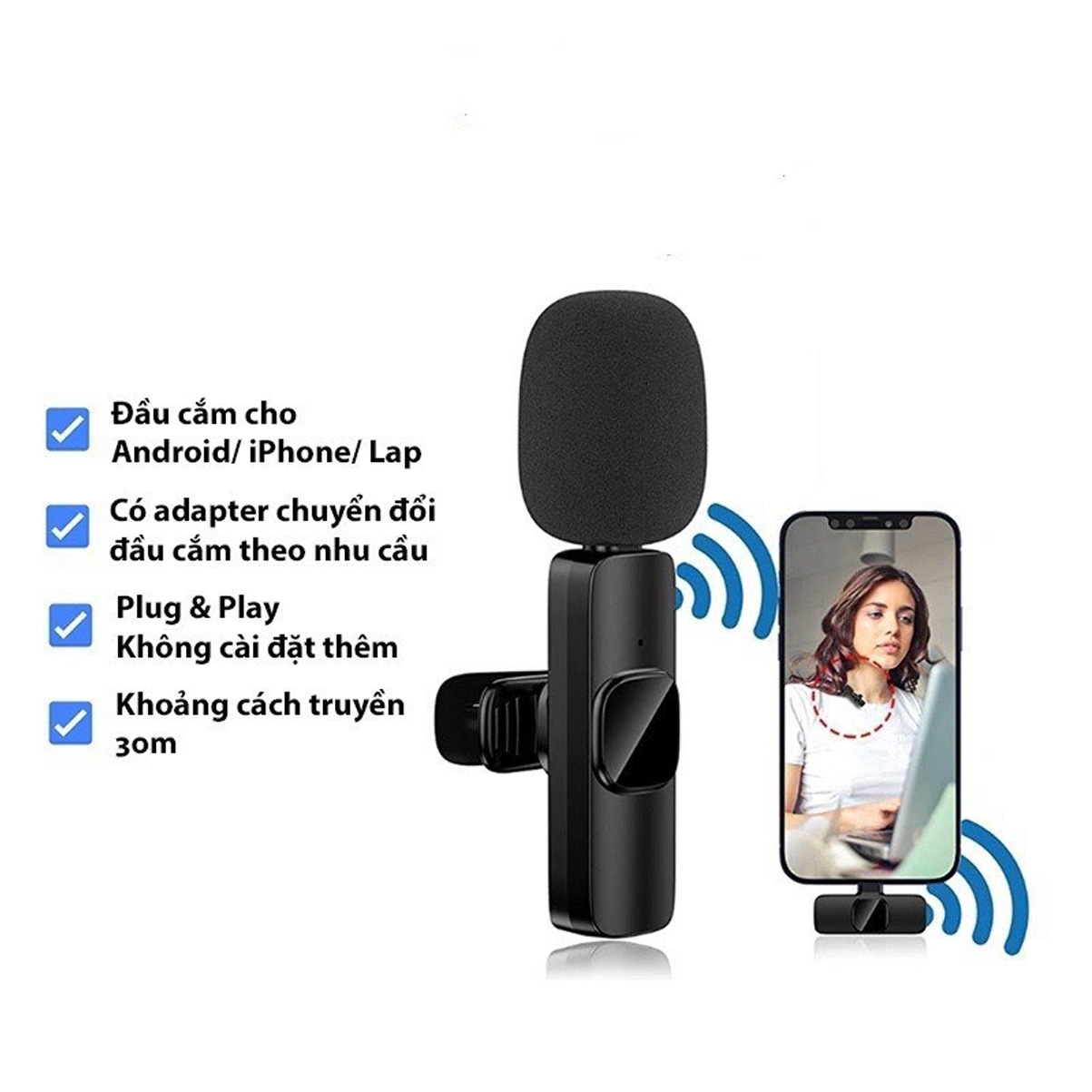 Micro kẹp áo không dây cho điện thoại, laptop hỗ trợ lọc âm, khử tiếng ồn để quay vlog, livestream, thu âm, poscast