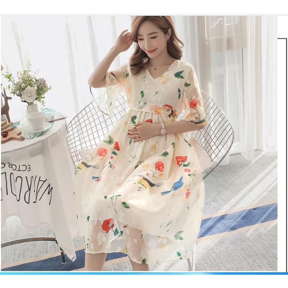 ĐẦM BẦU VÁY BẦU CÔNG SỞ VOAN LỤA HOA HỒNG