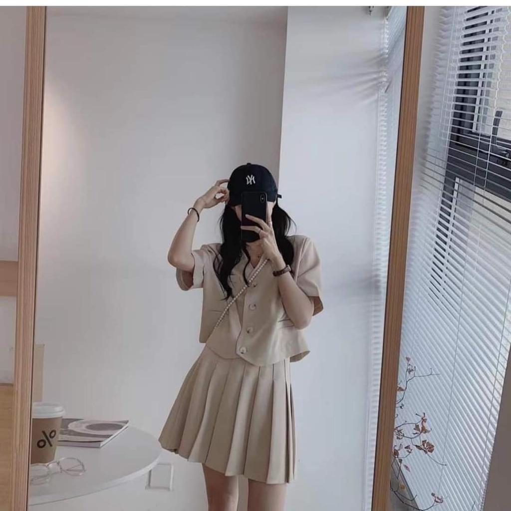 Set áo cộc tay tiểu thư kèm chân váy xếp ly hiện đại ulzzang phong cách Hàn Quốc