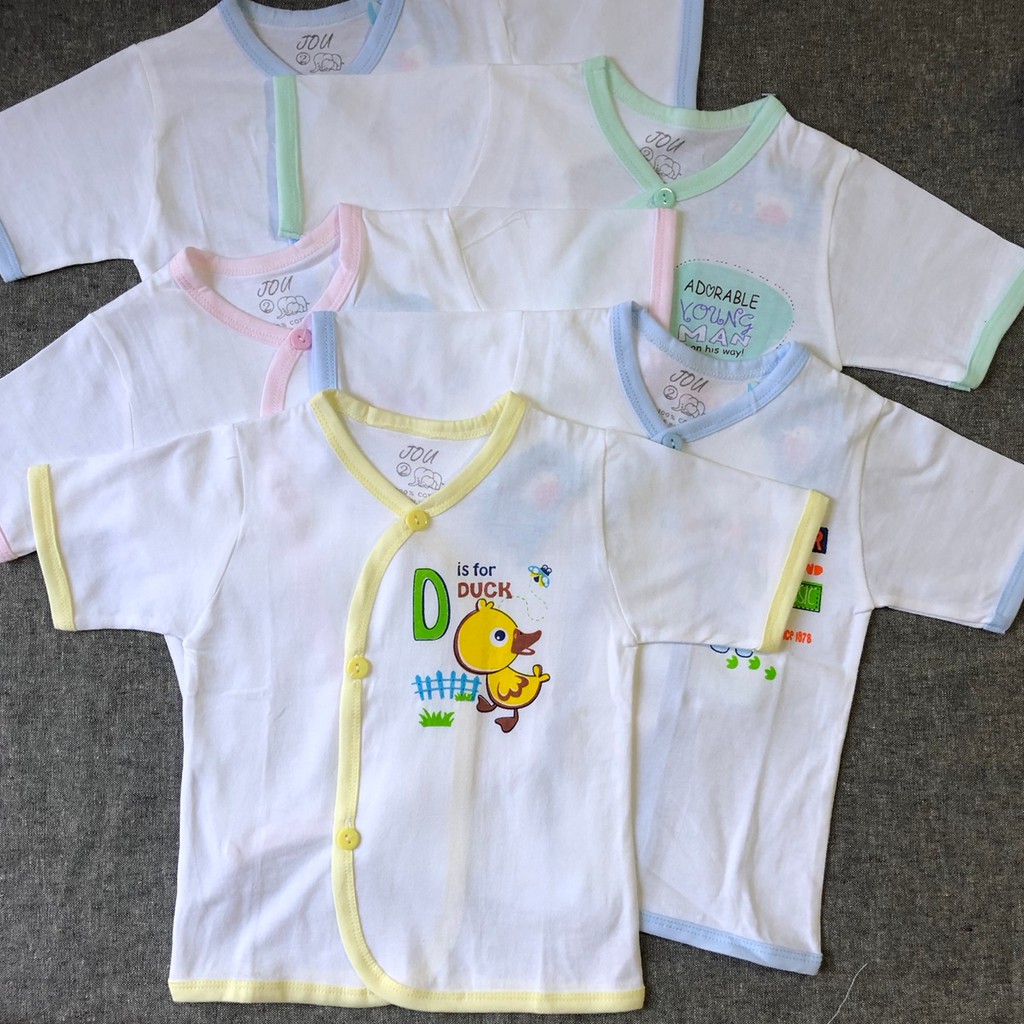 (J04TN) ÁO CÀI XÉO TAY NGẮN TRẮNG VIỀN CHO BÉ 3-11kg - JOU - Viền Xanh Ngọc