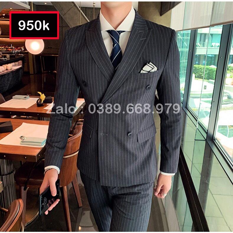 Vest Nam Kẻ Sọc Ghi, Bộ Vest Nam Hàn Quốc Kẻ Sọc Xám, Suit Nam Cao Cấp Kẻ Sọc