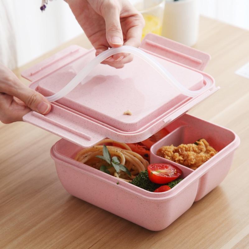 HỘP CƠM LÚA MẠCH 2 NGĂN GIỮ NHIỆT 1100ML - HỘP CƠM VĂN PHÒNG KÈM ĐŨA THÌA NẮP RON CHỐNG TRÀN CỰC TIỆN LỢI
