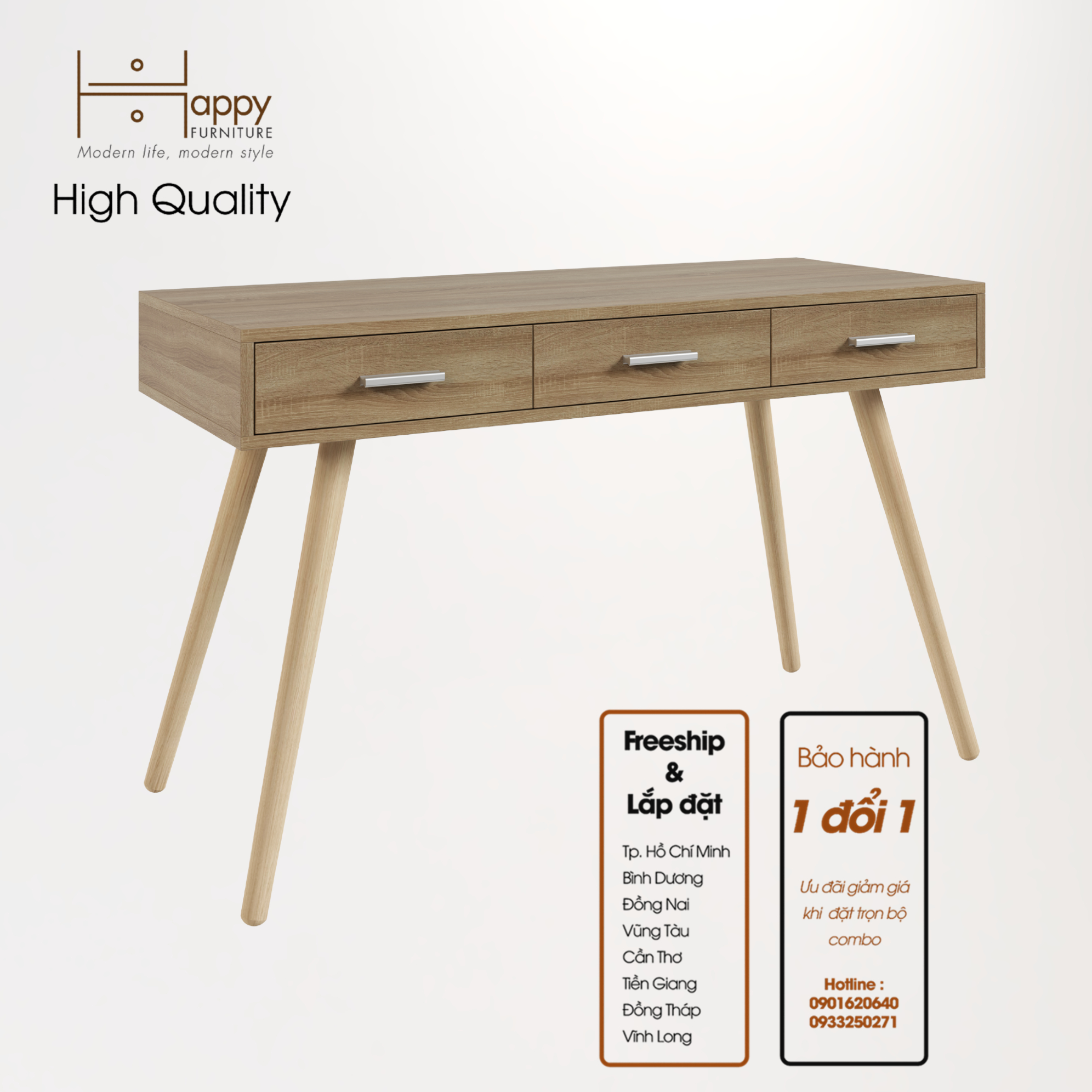 [Happy Home Furniture] OSRI, Bàn làm việc 3 ngăn - chân gỗ chéo ,  120cm x 50cm x 75cm ( DxRxC), BAN_003