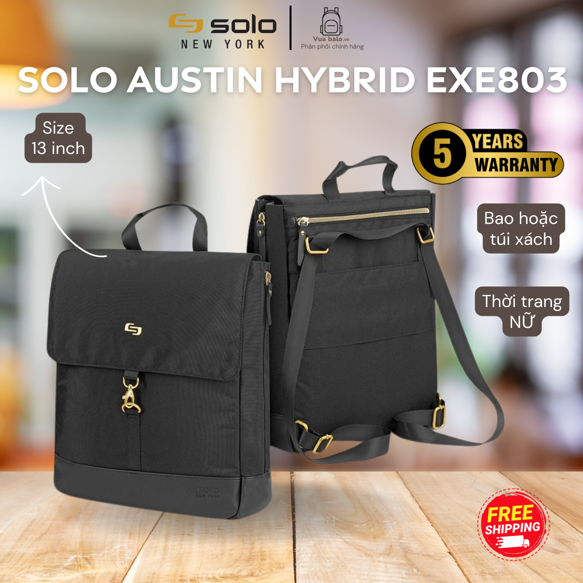 Balo Nữ SOLO Austin Hybrid Tote Ngăn laptop 13.3 inch màu đen phối phụ kiện mạ vàng Mã EXE803 Bảo hành 5 năm chính hãng