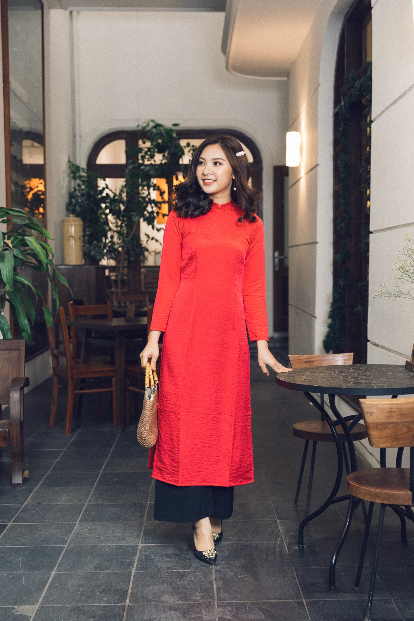 Áo Dài Cách Tân Lụa Tô Châu Cao Cấp - Áo Đỏ + Quần Đen , Áo Dài Mian
