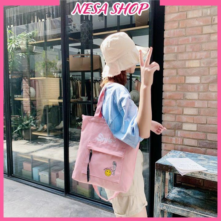 Túi đeo chéo nữ, chất liệu vải canvas, phong cách trẻ trung, túi Tote Canvas in chữ Smile NeSa Shop