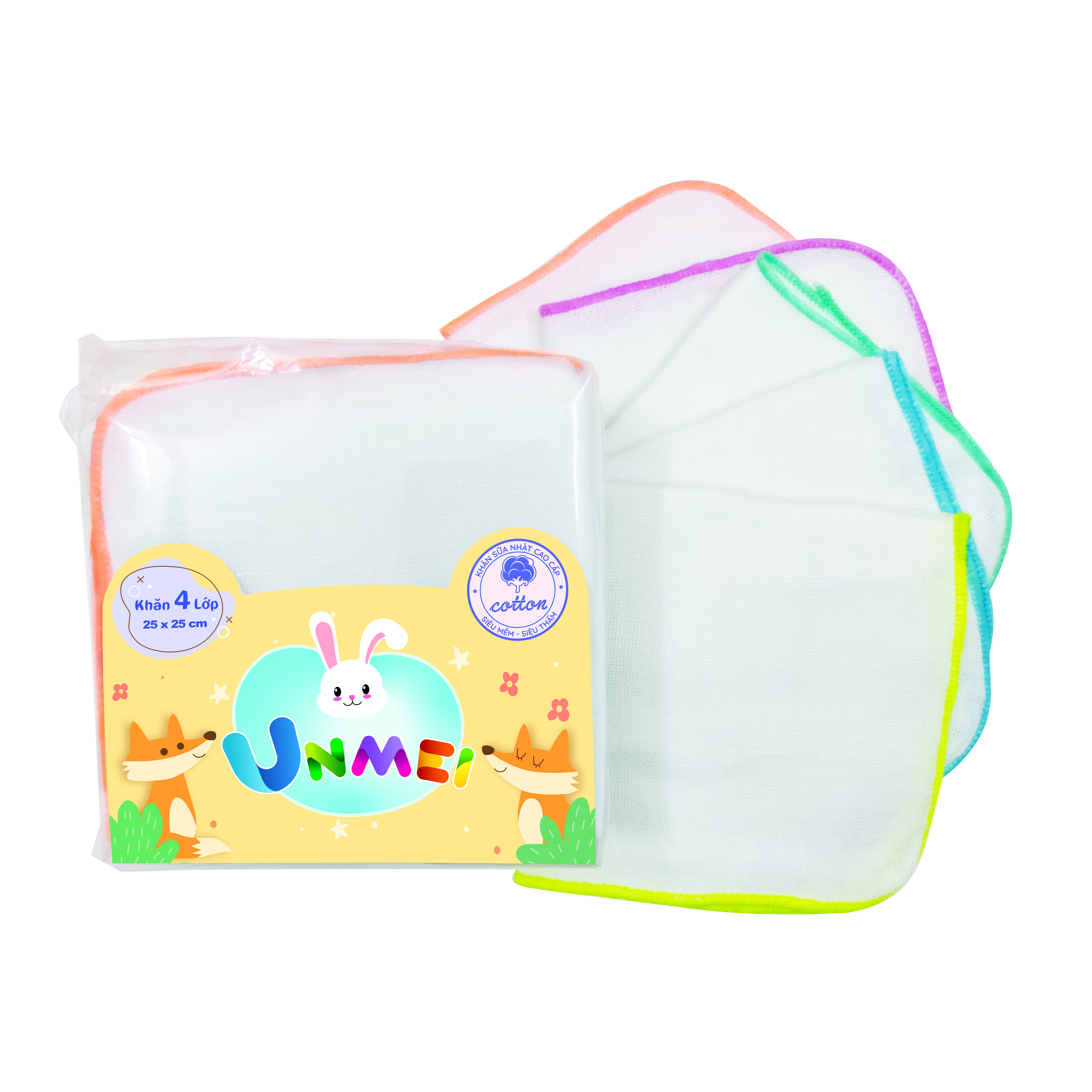 Bịch 10 Khăn sữa Cotton viền màu 4 lớp an toàn cho trẻ sơ sinh - Unmei (Khăn kích thước 25cm x 25cm)