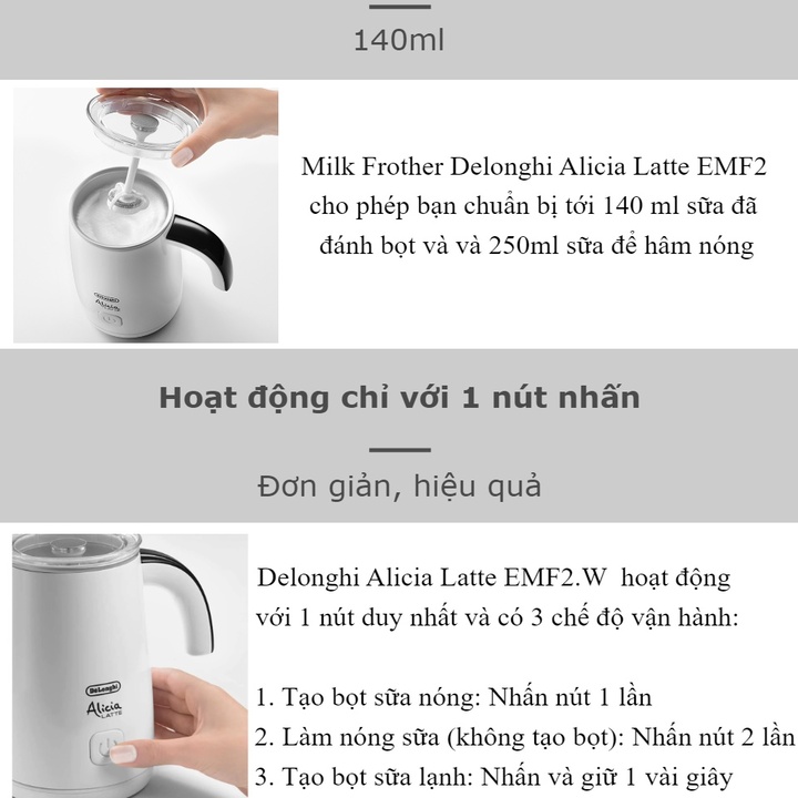 Máy tạo bọt sữa cao cấp Delonghi Alicia EMF2.W công suất 500W - Hàng Nhập Khẩu