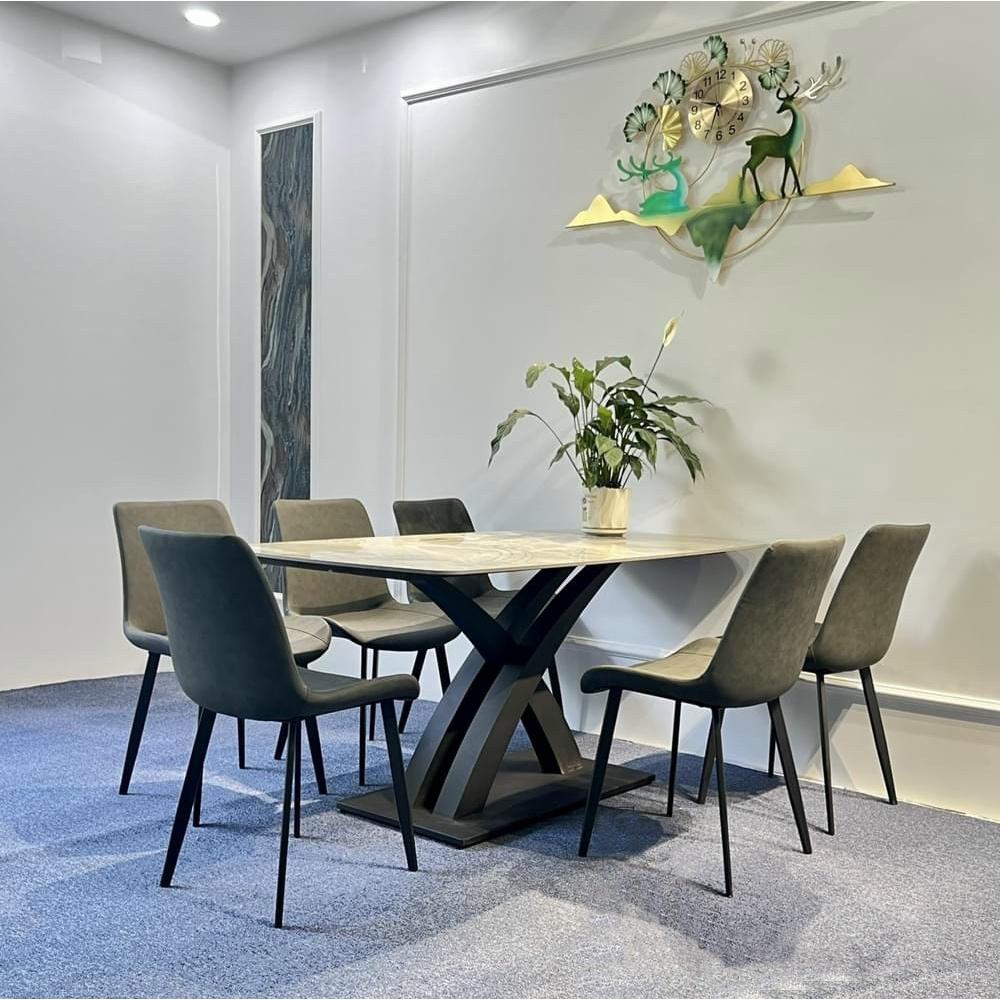 Bộ bàn ăn mặt đá ceramic bóng chân X cong kết hợp cùng ghế Nelson