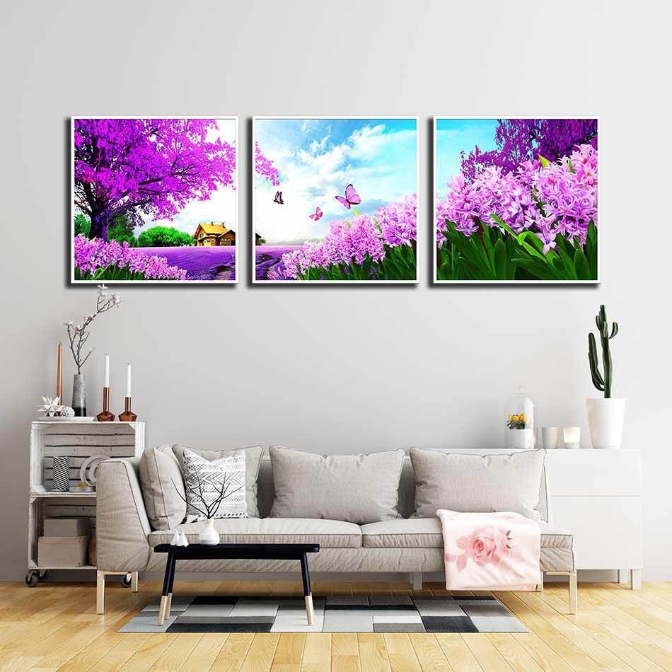 Bộ 3 tranh canvas treo tường Decor Cách rừng tím và hoa – DC148