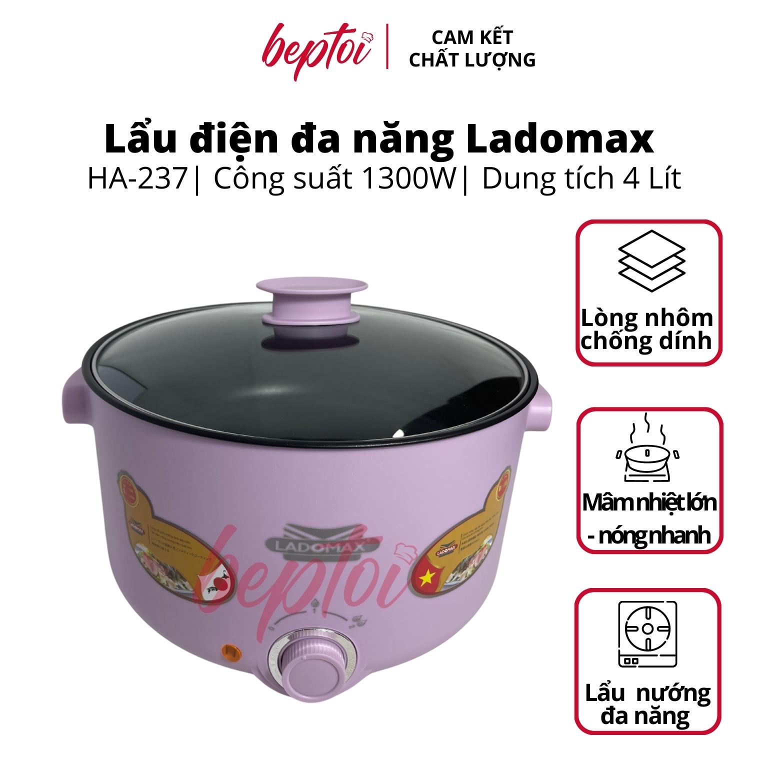 Nồi lẩu điện đa năng Ladomax, bếp lẩu điện mini dung tích 4 Lít công suất 1300W HA-237 - Hàng Chính Hãng