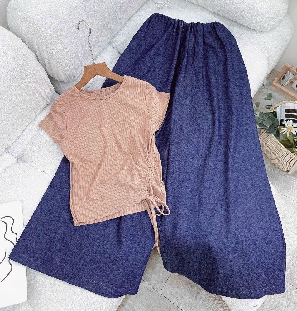 SET ÁO CROPTOP THUN DÂY RÚT TAY NGẮN + QUẦN DÀI ỐNG RỘNG LƯNG CAO SUÔNG TRƠN JEANS DẠO PHỐ ĐI CHƠI ĐI BIỂN ĐI TIỆC