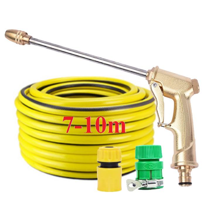 Bộ dây vòi xịt nước rửa xe, tưới cây . tăng áp 3 lần, loại 7m, 10m 206701-3 đầu đồng, cút,nối nhựa vàng