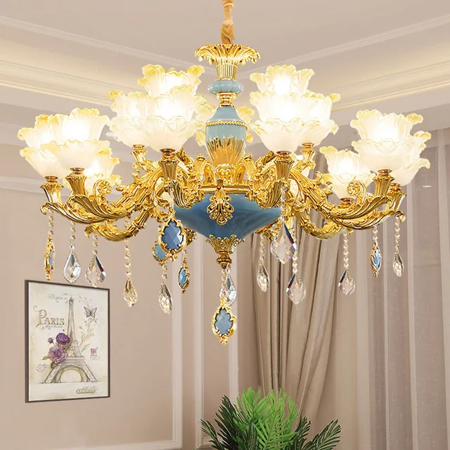 Đèn Chùm Treo Trần Pha Lê Cao Cấp Chao Đá 15 Tay Trang Trí Phòng Khách Tặng Kèm Bóng Led