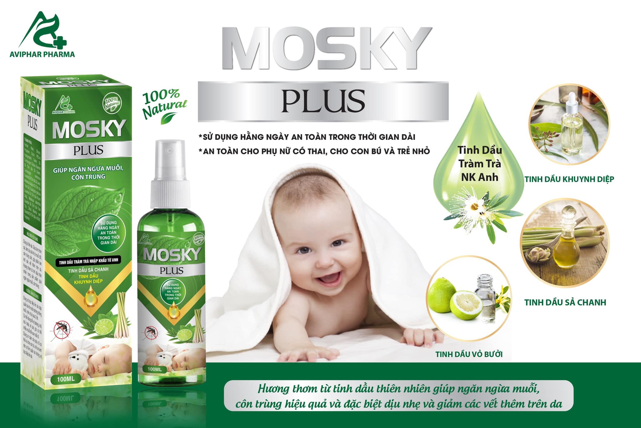 Xịt Muỗi Thảo Dược MOSKY PLUS 100ml giúp ngăn ngừa muỗi và côn trùng
