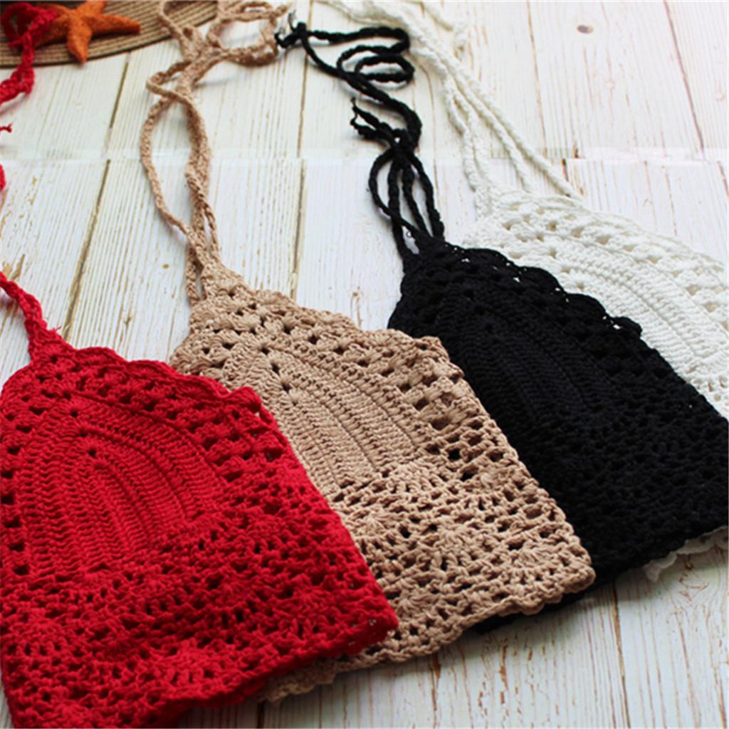 Women's Crochet Hollow Out Sleeveless Low Waist Bikini Tops Swimsuit Black