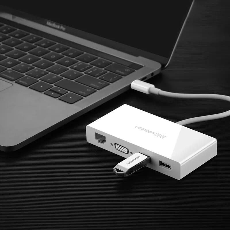 Ugreen UG40378MM135TK 15CM màu Trắng Bộ chuyển đổi TYPE C sang 2 USB 3.0 + VGA + LAN bọc nhựa ABS - HÀNG CHÍNH HÃNG