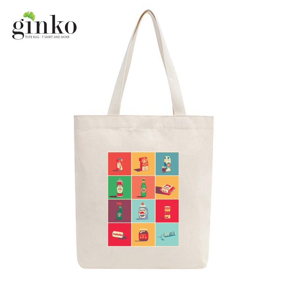 Túi tote vải mộc GINKO Basic có dây kéo khóa miệng túi( có túi con bên trong) đựng vừa laptop 14 inch và nhiều đồ dùng khác in hình pop art retro M107