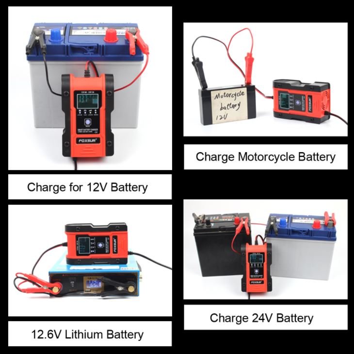 Sạc ắc quy Foxsur chính hãng 12V/6A, 24V/3A, 6aH-120ah chuyên sử dụng sạc đa dạng pin ( acquy moto, acquy oto, pin Lithium ion 18650, LiFePO4 pin sắt 32650 ) cỡ trung bình với 7 chế độ thông minh.