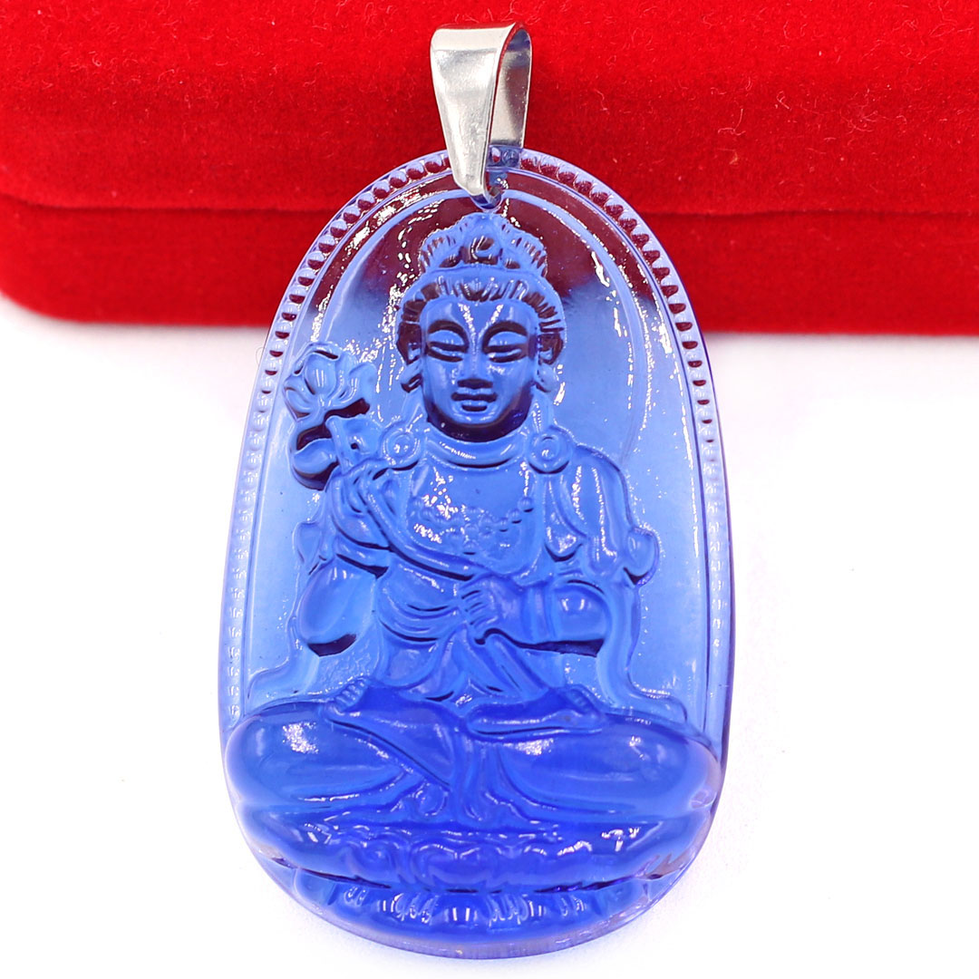 Mặt dây chuyền Đại Thế Chí Bồ Tát thủy tinh xanh dương 3.6cm - phật bản mệnh tuổi Ngọ - Mặt size nhỏ