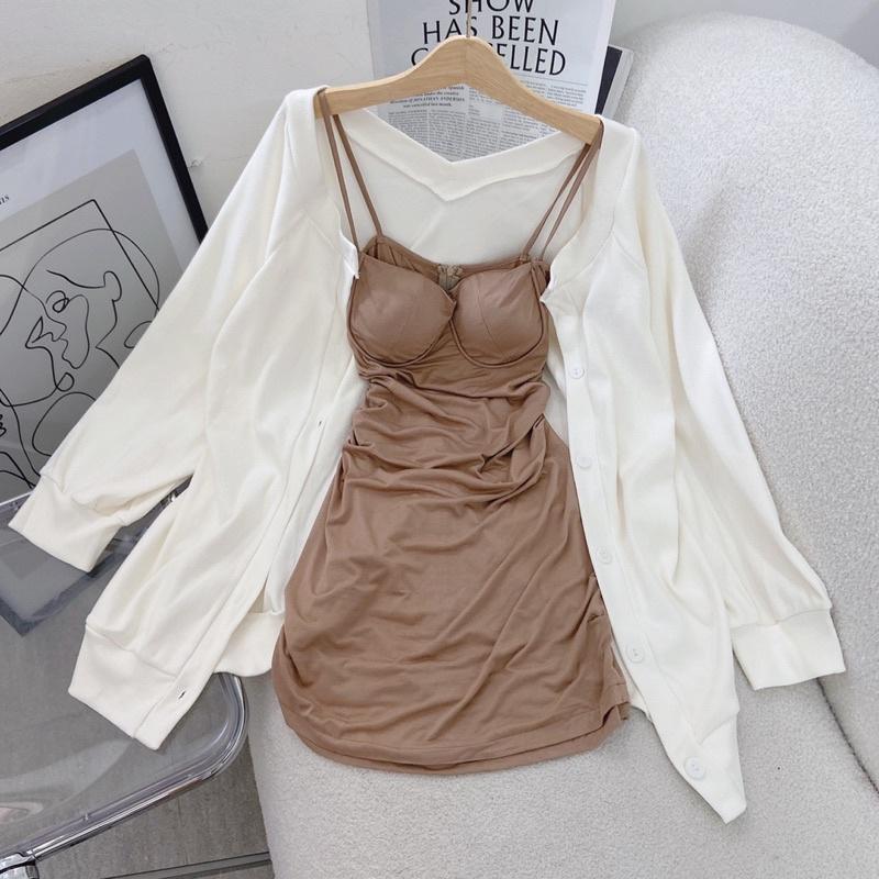 SET ĐẦM NUDE 2 DÂY CÚP NGỰC + KHOÁC CARDIGAN