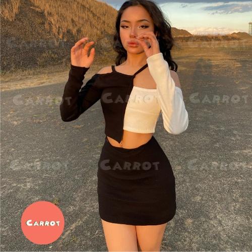 Croptop tay dài chân váy đen basic ôm eo cột dây tôn dáng chất thun trendy thời trang nữ carrotxinhdep