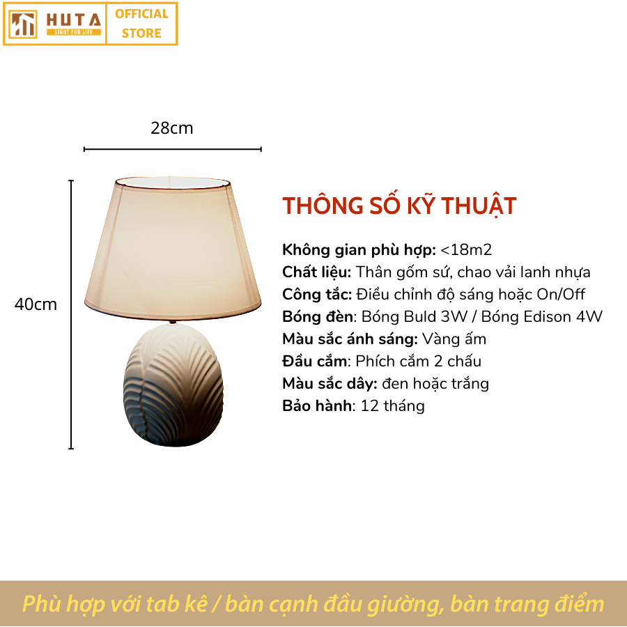 Đèn Ngủ Để Bàn Gốm Sứ Cao Cấp HUTA S16 Hình Bắp Cải Độc Đáo, Decor Phòng Ngủ Khách Sạn, Tăng Giảm Độ Sáng, Ánh Sáng Vàng