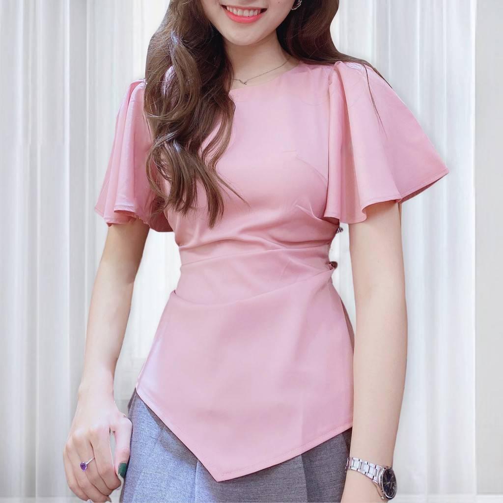 Áo sơ mi kiểu nữ peplum cổ tròn VẠT NHỌN TAY BÈO có chun eo giấu bụng hiệu quả