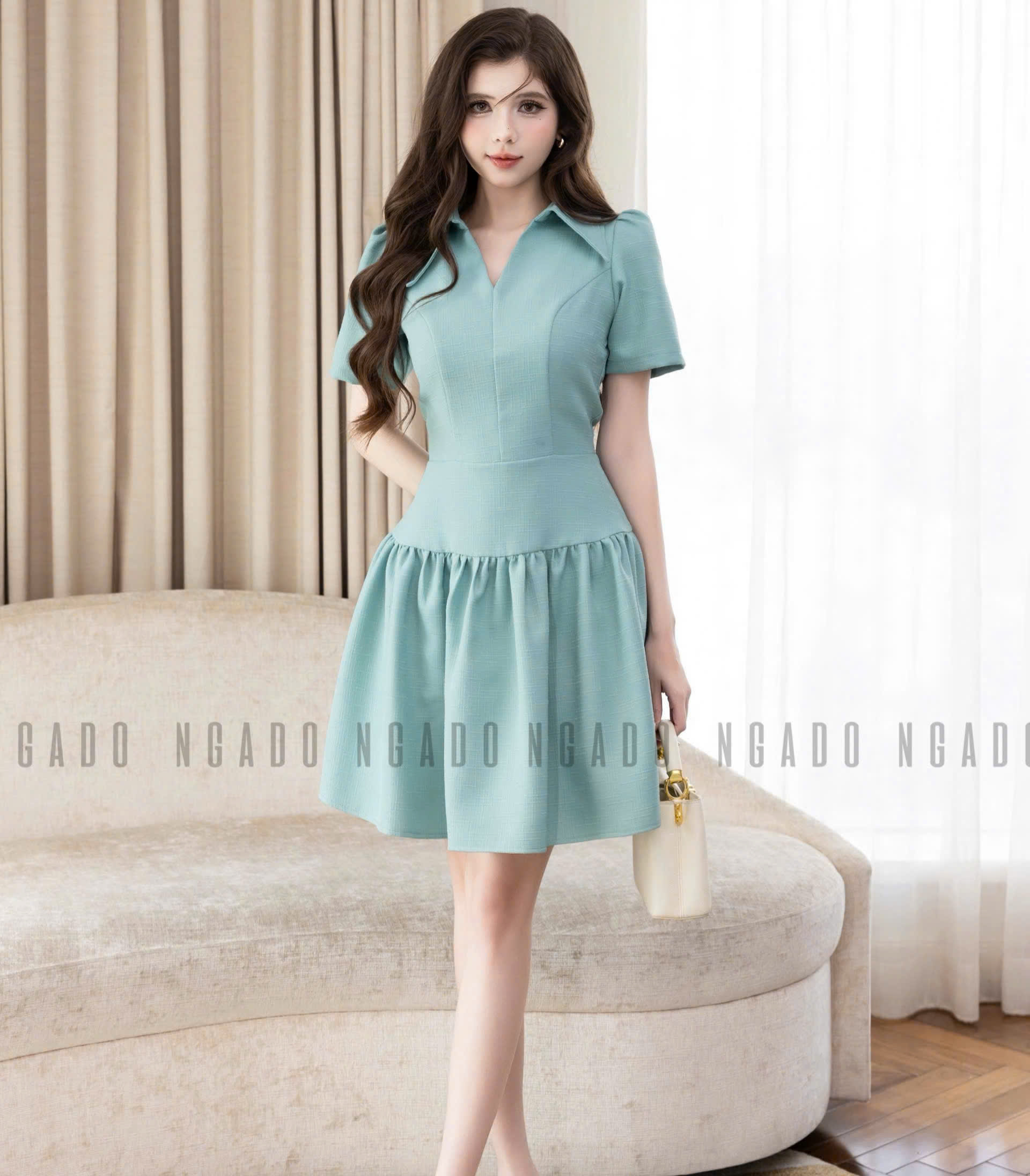 Đầm sơ mi xanh mint ngắn tay NGADO , đầm kiểu sơ mi , đầm nữ
