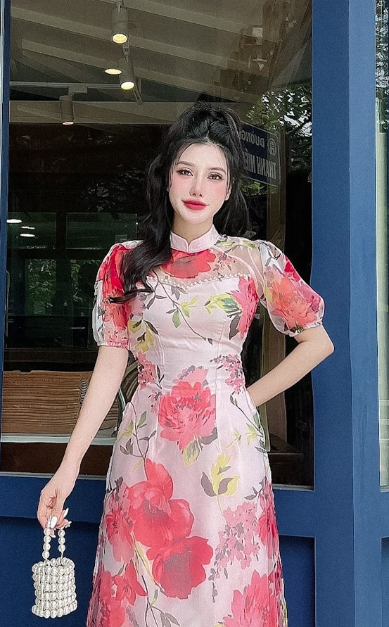 Áo dài cách tân tay phồng in hoa 4 tà cao cấp AD32 - Lady fashion